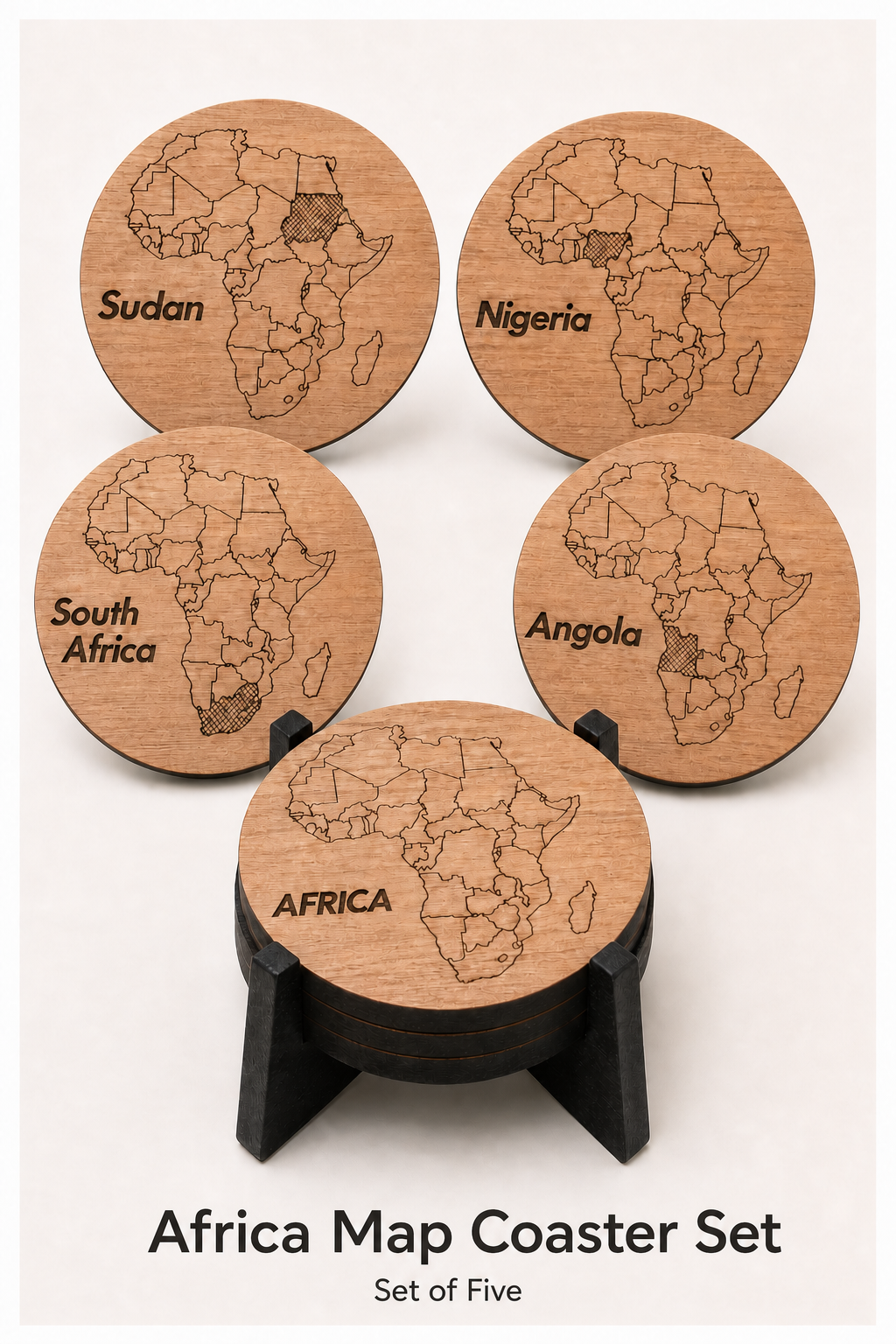 Five-piece wooden African-map coaster set with black display stand
